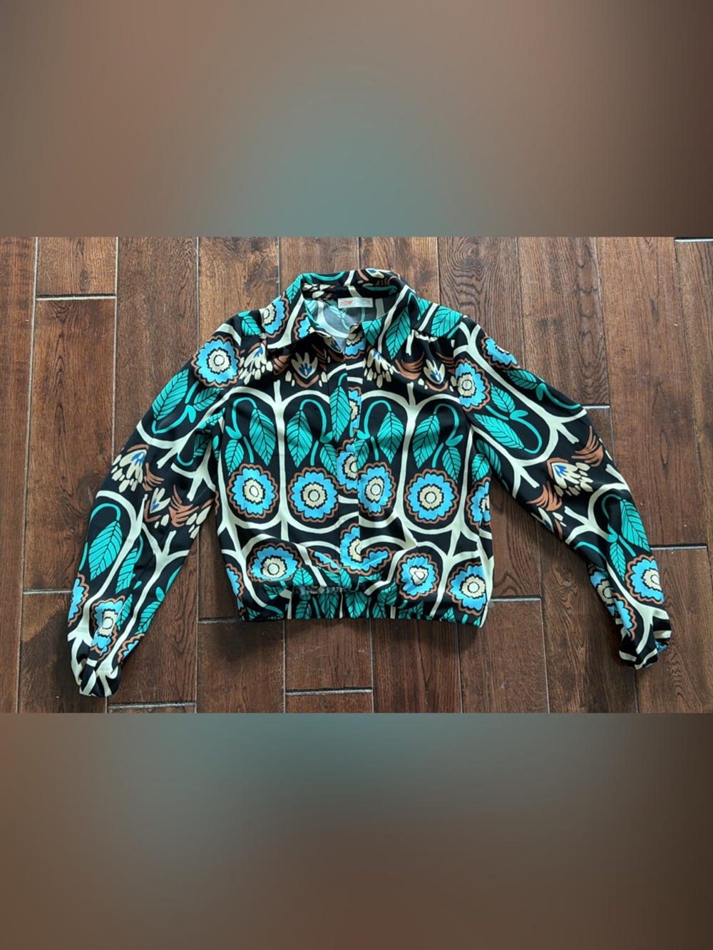 Floral Teal Print Collared Long-Sleeve Blouse